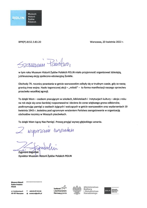 Artykuł: Podziękowania od dyrektora Muzeum POLIN dla SP1 - Zdjęcie 34311